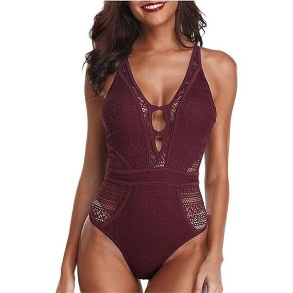 NEW Charmo Wine Red Crochet One Piece V-Neck Swimsuit Women's L